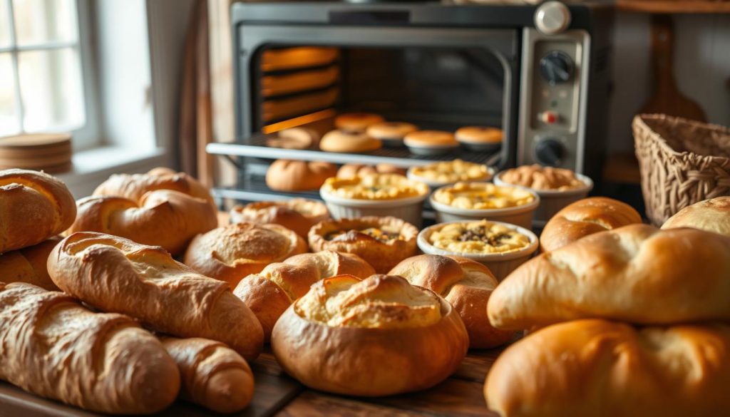 A bountiful display of conventional oven-baked goods, golden crusts and fluffy interiors, arranged on a rustic wooden table. In the foreground, freshly-baked loaves of artisanal bread and flaky pastries, their aroma wafting through the air. In the middle ground, an assortment of savory pies and quiches, their fillings peeking out from beneath buttery, browned tops. In the background, a vintage oven, its door ajar, revealing the glow of the heating elements. Soft, natural lighting filters in through a nearby window, casting a warm, inviting glow over the scene. An atmosphere of homely comfort and time-honored culinary tradition pervades the image.