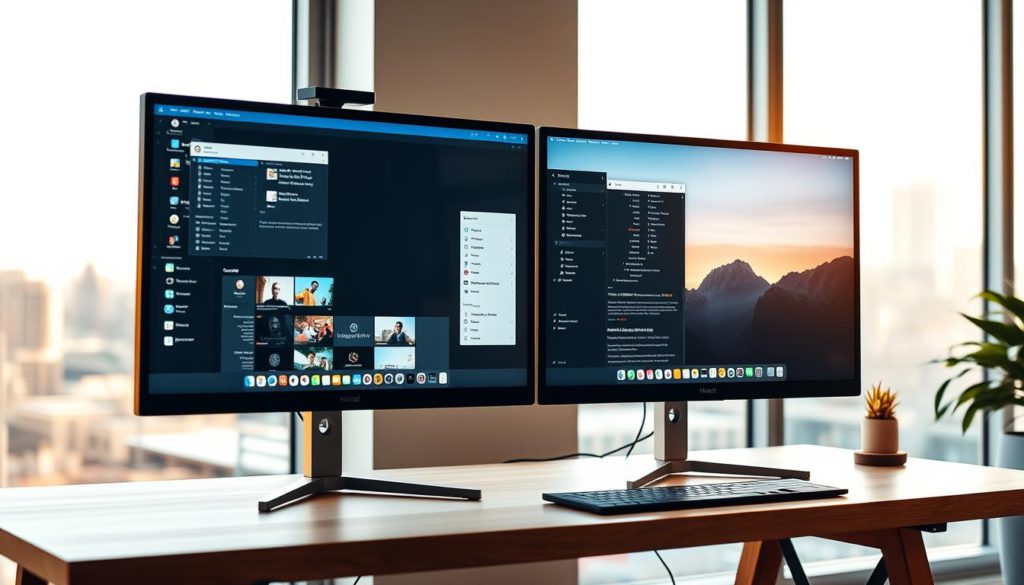 A bright and airy home office with two large, high-resolution monitors side by side on a clean, minimalist wooden desk. The monitors display various windows and applications, showcasing the benefits of increased productivity and multitasking with a dual-screen setup. Warm, natural lighting filters in through large windows, casting a soft glow on the workspace. The background features a serene, blurred cityscape, emphasizing the sense of focus and efficiency in the foreground. The image conveys a sense of organization, clarity, and the advantages of expanded digital real estate for optimal workflow.