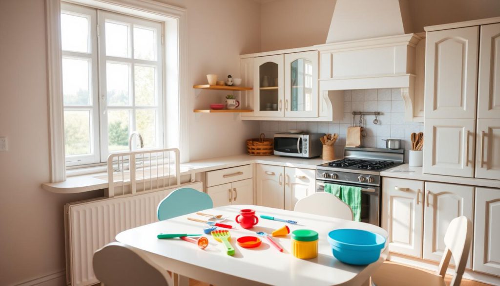 A bright, inviting kitchen with clean, child-friendly surfaces and appliances. Soft, natural lighting filters in through large windows, creating a warm, soothing atmosphere. The countertops are clear of any sharp or dangerous objects, and a child-proof gate blocks access to the stove. On the table, colorful, non-toxic play tools and utensils encourage hands-on exploration. Sturdy, rounded furniture and cabinets with child-safe latches line the perimeter, creating a safe, nurturing environment for young chefs to learn and discover.
