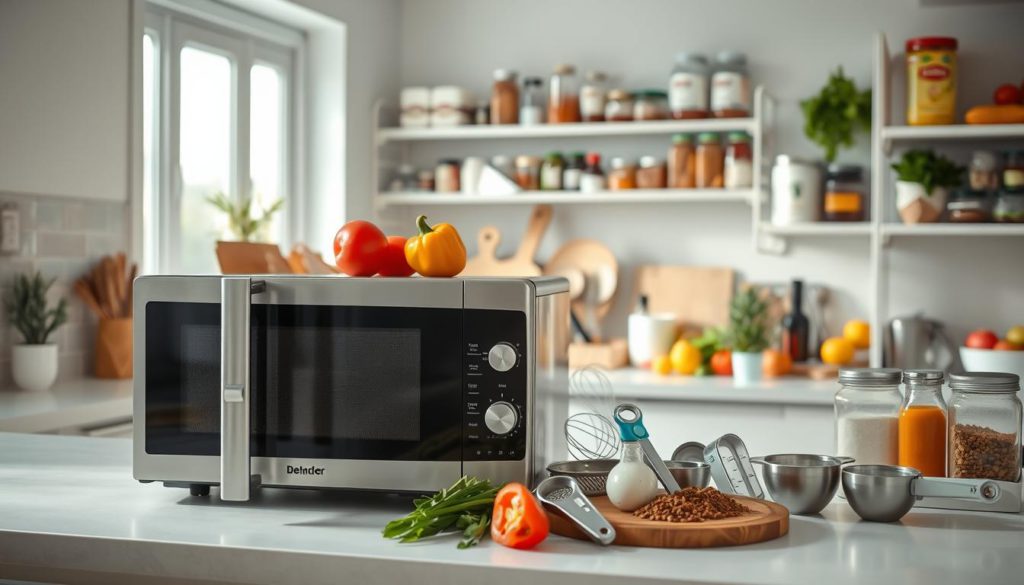 A bright, modern kitchen filled with an array of everyday ingredients, including fresh produce, spices, and kitchen staples. In the foreground, a sleek, stainless-steel microwave oven sits atop a clean countertop, its door slightly ajar, revealing the interior. Soft, natural lighting from nearby windows illuminates the scene, casting warm, diffused shadows and highlights the various culinary items. The middle ground features a collection of innovative kitchen tools and gadgets, such as a vegetable peeler, a whisk, and a set of measuring cups, all arranged in a visually appealing manner. The background showcases a tidy, organized pantry, with shelves stocked with jars, cans, and other pantry essentials. The overall atmosphere conveys a sense of efficiency, creativity, and a desire to make the most of everyday kitchen ingredients.
