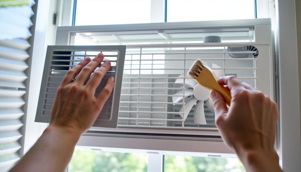 A bright, well-lit scene depicting a step-by-step window air conditioner cleaning process. In the foreground, a person's hands carefully removing the front panel of a window AC unit, exposing the internal components. In the middle ground, the person using a soft brush to gently clean the condenser coils and fan blades. The background shows an open window, allowing natural daylight to illuminate the workspace. The scene conveys a sense of care and attention to detail, with the person methodically following the recommended cleaning steps to ensure the AC unit functions optimally before summer.