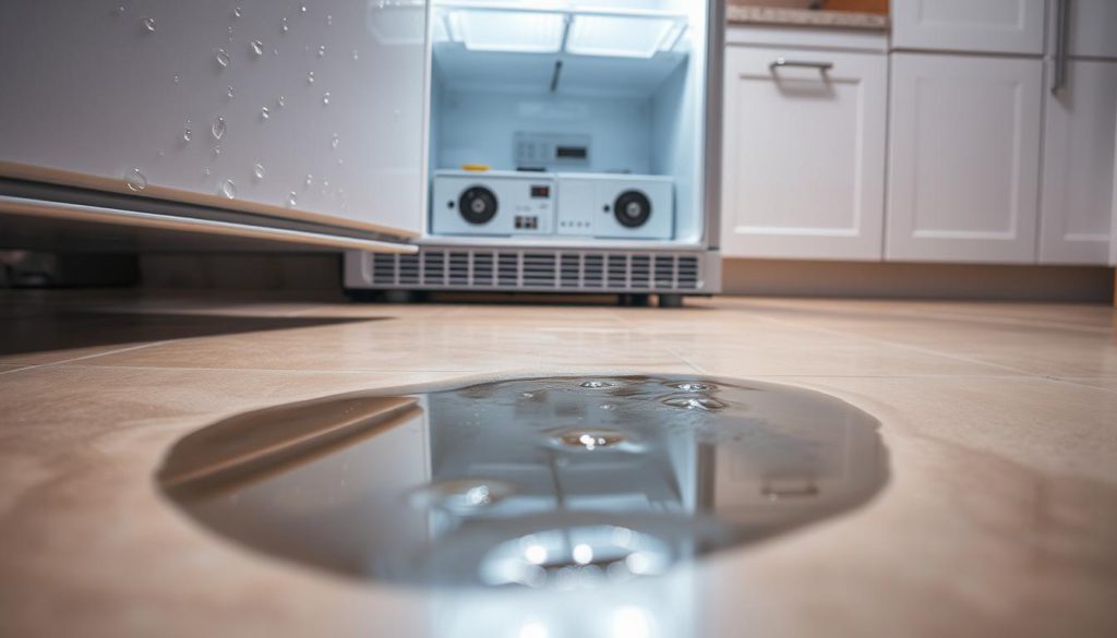A brightly lit refrigerator with beads of condensation forming on the surface, indicating a potential leak. In the foreground, a puddle of water on the floor beneath the appliance, with a few scattered droplets leading towards it. The middle ground reveals the refrigerator's vents and coils, slightly rusted, hinting at the source of the leak. The background is a clean, modern kitchen with sleek cabinets and a tiled backsplash, creating a stark contrast to the problem at hand. The scene is captured with a wide-angle lens, emphasizing the scale of the issue and the need for prompt attention.