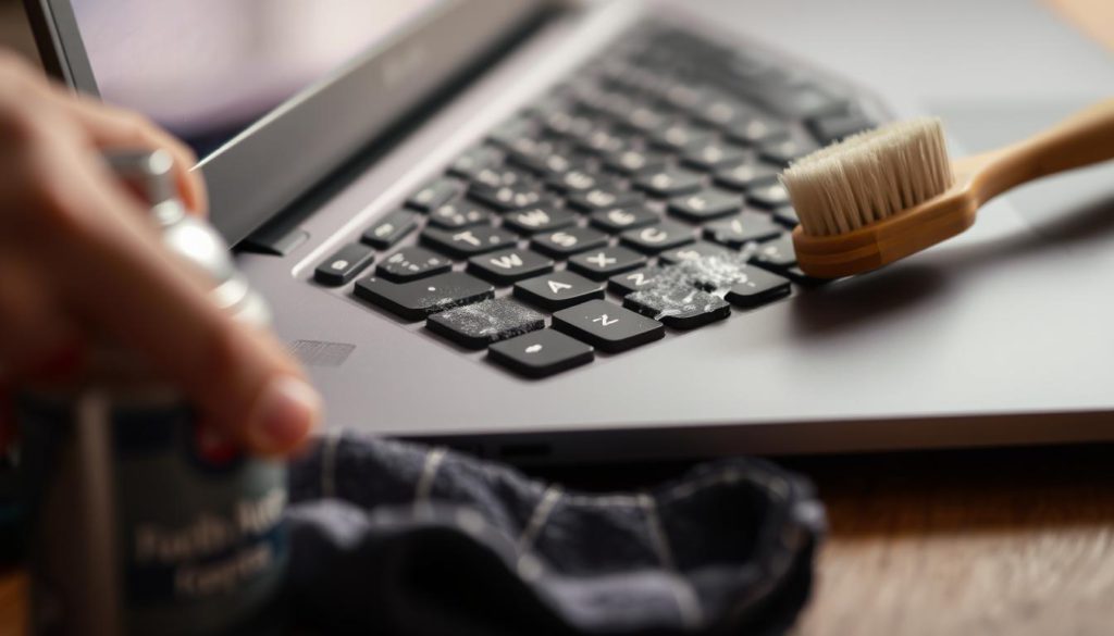 A carefully composed close-up view of a laptop keyboard being gently cleaned with a small, soft-bristle brush, with a small can of compressed air and a microfiber cloth visible in the foreground. The keyboard is well-lit from the side, creating subtle shadows that accentuate the individual keys and the intricate details of the cleaning process. The scene conveys a sense of precision, care, and attention to detail, without any distracting elements or text overlay.