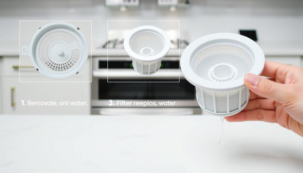 A clean, well-lit kitchen countertop with a dishwasher in the background. In the foreground, a series of detailed steps demonstrating the dishwasher filter cleaning process. A hand holds the dishwasher filter, showcasing the various parts - the outer frame, the fine mesh screen, and any removable components. The steps progress logically, from the initial removal of the filter, to thorough cleaning under running water, and finally the careful reassembly and reinsertion of the filter. The lighting is bright and even, highlighting the textural details of the filter and the cleaning process. The overall mood is instructional and practical, guiding the viewer through the essential task of maintaining a properly functioning dishwasher.