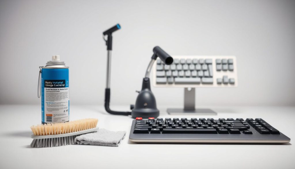 A clean, well-lit studio scene showcasing an array of keyboard cleaning tools. In the foreground, a soft-bristle brush, a can of compressed air, and a microfiber cloth are neatly arranged on a sleek, minimalist desk surface. The middle ground features a small vacuum cleaner with a specialized attachment for reaching between keys. In the background, a desktop keyboard stands upright, its keys glistening with a freshly cleaned appearance, indicating the effectiveness of the tools displayed. The lighting is soft and diffused, creating an atmosphere of precision and care, perfect for illustrating the "Essential Materials and Tools for Keyboard Cleaning" section of the article.