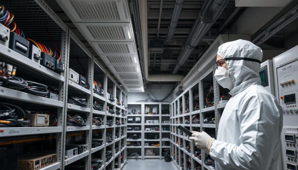 A climate-controlled electronics storage room with precise temperature and humidity regulation. Rows of metal shelves hold various electronic devices, cables, and circuits neatly organized. Soft, uniform lighting illuminates the space, casting a calming glow. The room's air conditioning system hums quietly, maintaining optimal conditions to prevent damage from heat, moisture, or static electricity. In the foreground, a technician in a clean-room suit carefully inspects the stored items, ensuring their proper preservation. The background features a bank of monitoring equipment, meticulously tracking environmental factors and providing alerts for any deviations. An atmosphere of meticulous care and preservation pervades the scene.