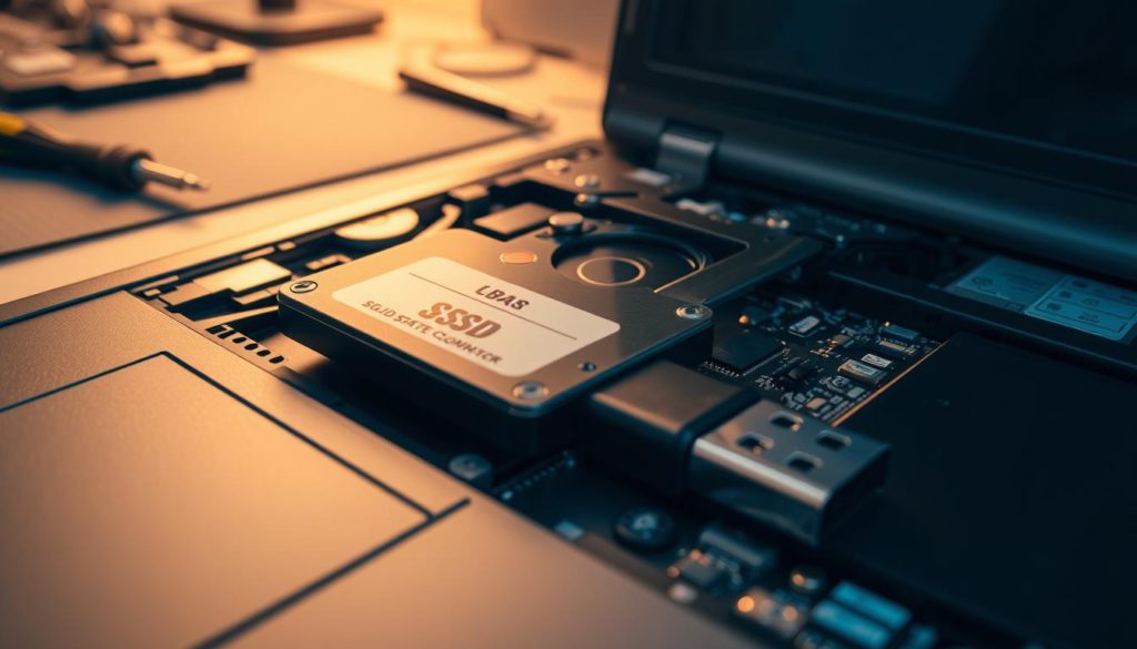 A close-up view of a laptop's internal components, highlighting the process of cloning a solid-state drive (SSD). The foreground captures the SSD being carefully extracted, showcasing its sleek design and compact form factor. The middle ground reveals a USB-to-SATA cable connecting the SSD to an external hardware cloning device, its LED indicators pulsing with activity. The background displays an organized workspace, with tools and supplies necessary for the cloning process, such as a screwdriver, anti-static mat, and backup storage device. Warm, diffused lighting casts a subtle glow, creating a sense of precision and attention to detail. The overall composition conveys the technical yet meticulous nature of the SSD cloning task.