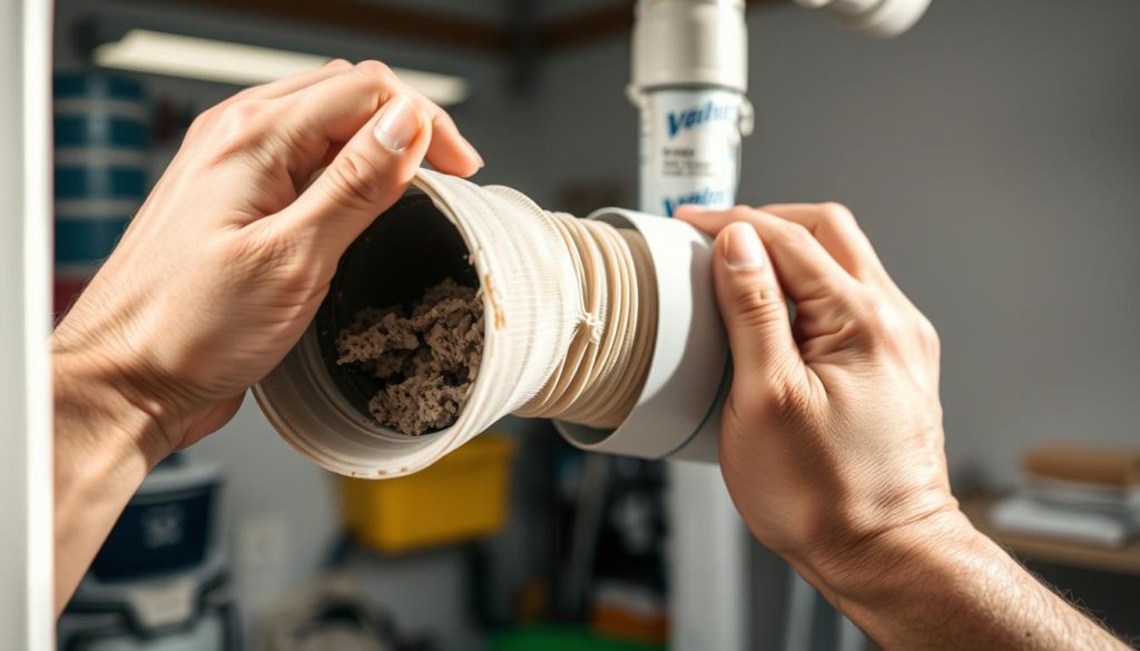 A close-up view of a person's hands carefully disconnecting a flexible dryer vent hose from its outlet, revealing the accumulated lint buildup inside. The hose is off-white in color with some grime visible. Bright, directional lighting illuminates the scene, casting dramatic shadows and highlighting the textural details. The background is blurred, but suggests a well-organized garage or utility space. The mood is one of focused attention and intention to thoroughly clean and maintain the vent system for optimal dryer performance and fire safety.