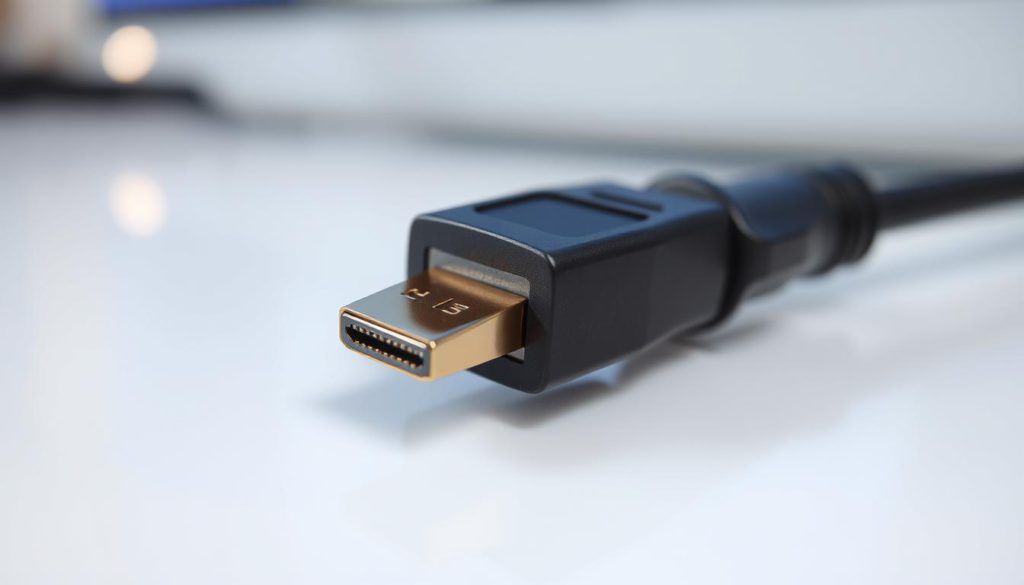 A close-up view of an HDMI cable being carefully inspected. The cable is positioned on a clean, well-lit surface, with the connectors clearly visible. The lighting is soft and even, highlighting the cable's texture and metallic components. The focus is on the intricate details of the cable, with a shallow depth of field blurring the background. The overall mood is one of diligence and attention to detail, reflecting the importance of properly troubleshooting HDMI connection issues.