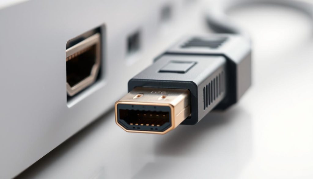 A close-up view of an HDMI port and cable, meticulously rendered with realistic details. The HDMI port is depicted in the foreground, its sleek, rectangular shape and metallic connectors precisely captured under soft, diffused lighting. The HDMI cable emerges from the port, its flexible, shielded body trailing off into the middle ground, highlighting the crucial connection between the components. The background is slightly blurred, emphasizing the focal point of the diagnostic setup. The overall scene conveys a sense of technical precision and the importance of properly testing HDMI connections to troubleshoot potential issues.
