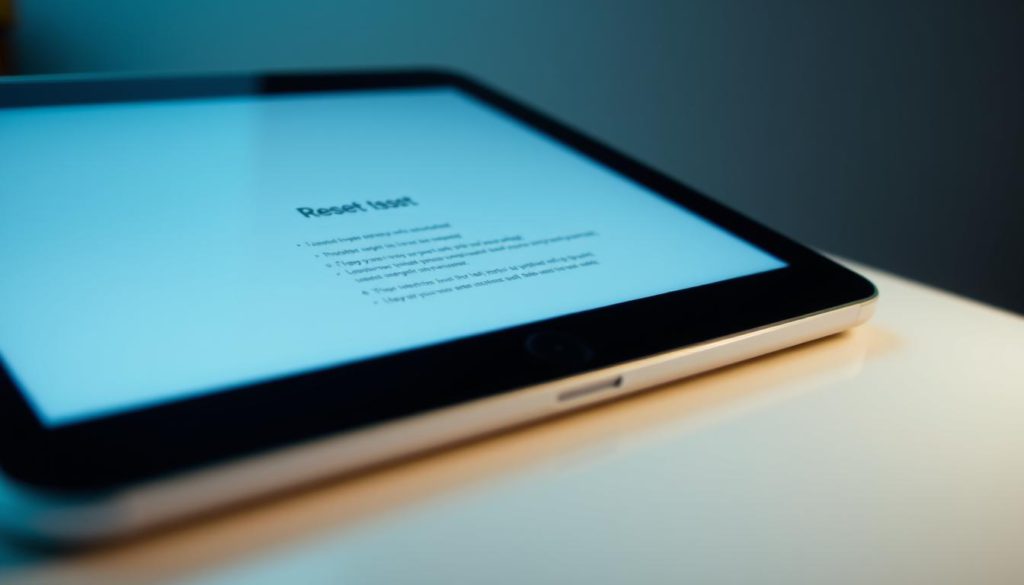 A close-up view of an iPad screen during the reset process, showing step-by-step instructions in a clean, minimalist layout. The display is bathed in cool, diffused light, creating a serene, clinical atmosphere. In the foreground, the iPad screen displays a simple user interface guiding the user through the reset steps, with clear, concise text and intuitive visual cues. The middle ground features the iPad device itself, its sleek, white aluminum body reflected in the screen. The background is a soft, blurred gradient, allowing the focus to remain on the iPad and its reset process.