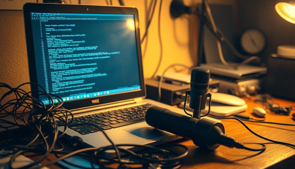 A cluttered desk with a tangled mess of cables and wires, a laptop with a glitching screen, and a microphone sitting unused, all bathed in a warm, hazy lighting. The atmosphere conveys a sense of frustration and technical difficulties, as if the user is struggling to get their virtual assistant to respond. The image should capture the common issues that can lead to an unresponsive virtual assistant, such as connectivity problems and microphone malfunctions.