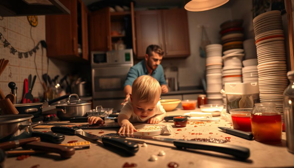 A cluttered kitchen counter with sharp knives, hot cookware, and spilled liquids strewn about, under harsh overhead lighting creating deep shadows. In the foreground, a curious toddler reaching towards the hazards, their expression one of fascination. In the middle ground, a distracted parent rushing to prepare a meal, unaware of the dangers. The background depicts a chaotic scene, with open cabinet doors, dangling cords, and precarious stacks of dishes, conveying the overall lack of safety and supervision in the space.