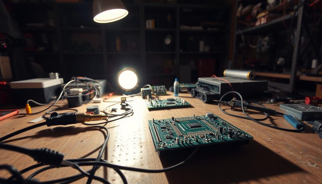 A cluttered workbench with various electrical components and tools scattered across its surface, casting long shadows under a harsh, overhead workshop lighting. In the foreground, a soldering iron and a tangle of wires suggest a recent project gone awry. In the middle ground, a partially disassembled circuit board rests precariously, its exposed traces hinting at the potential for short circuits and overloading. In the background, shelves laden with electronic parts and devices loom ominously, implying the broader context of an overburdened electrical system.