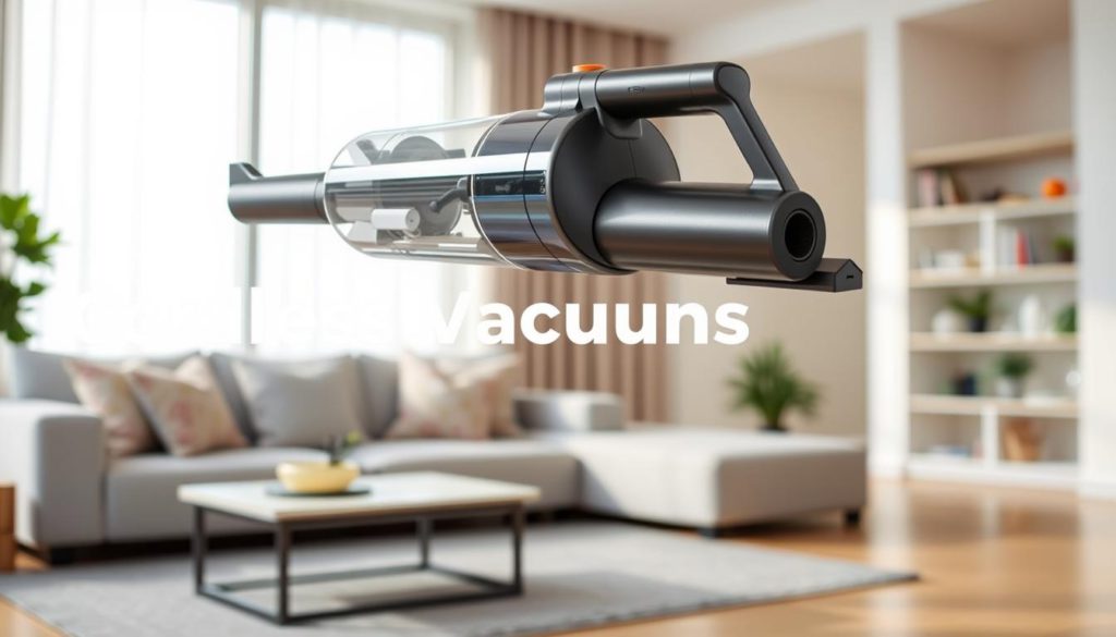 A cordless vacuum cleaner hovers in a well-lit, modern home setting. In the foreground, the vacuum's sleek, minimalist design is showcased, highlighting its lightweight and easy-to-maneuver body. The middle ground reveals the various attachments and tools neatly arranged, showcasing the vacuum's versatility in handling different cleaning tasks. In the background, a clean, airy living room environment suggests the seamless integration of the cordless vacuum into the everyday home routine. The image conveys the convenience, efficiency, and compact storage of a cordless vacuum, making it an appealing choice for the "Cordless Vacuums: Features and Benefits" section of the article.