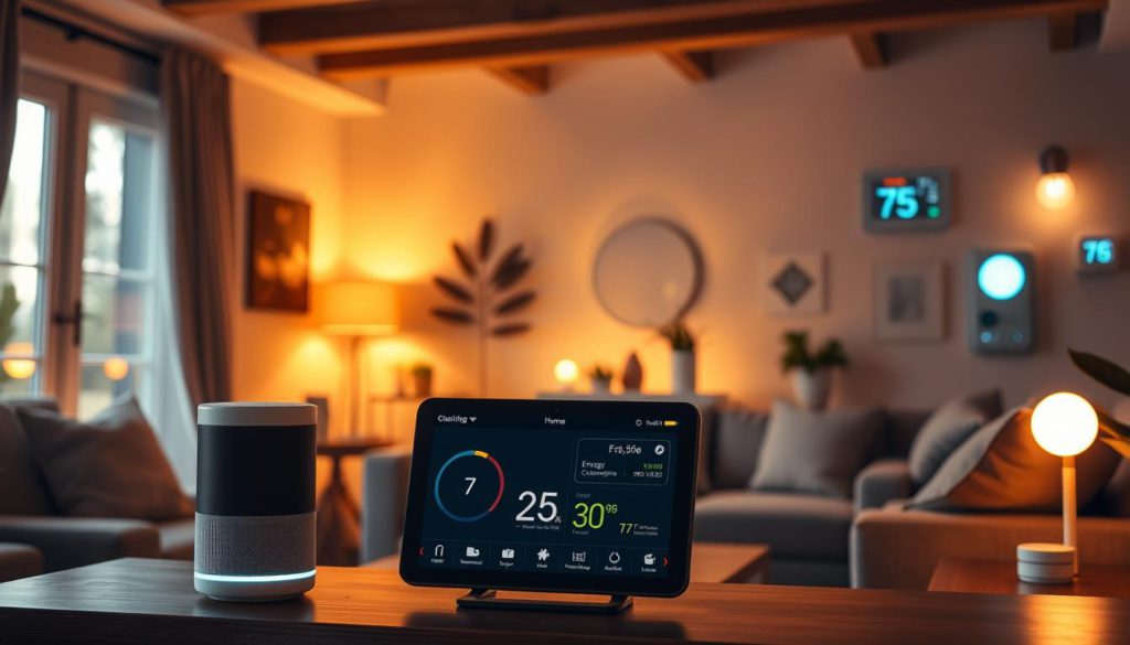 A cozy living room filled with futuristic smart home devices, bathed in warm, ambient lighting. In the foreground, a sleek, voice-controlled smart speaker blends seamlessly into the decor. The middle ground showcases a digital display panel showing real-time energy consumption data and home security notifications. In the background, smart light bulbs and a thermostat panel subtly enhance the room's ambiance. An air of convenience, comfort, and efficiency permeates the scene, showcasing the benefits of a well-integrated smart home automation system.