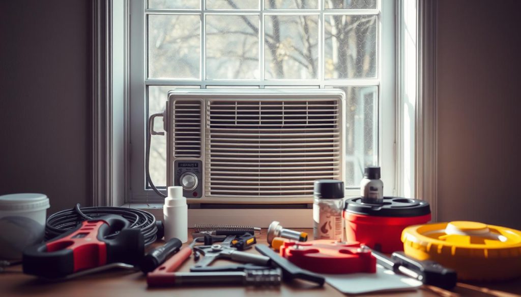 A crisp, well-lit photograph of a window air conditioning unit undergoing maintenance checks. The unit is shown in the middle ground, with the window frame in the background and various maintenance tools and supplies arranged neatly in the foreground. The lighting is bright and even, casting subtle shadows that enhance the details of the equipment. The overall atmosphere is one of careful attention and diligence, reflecting the importance of proper maintenance for optimal unit performance.
