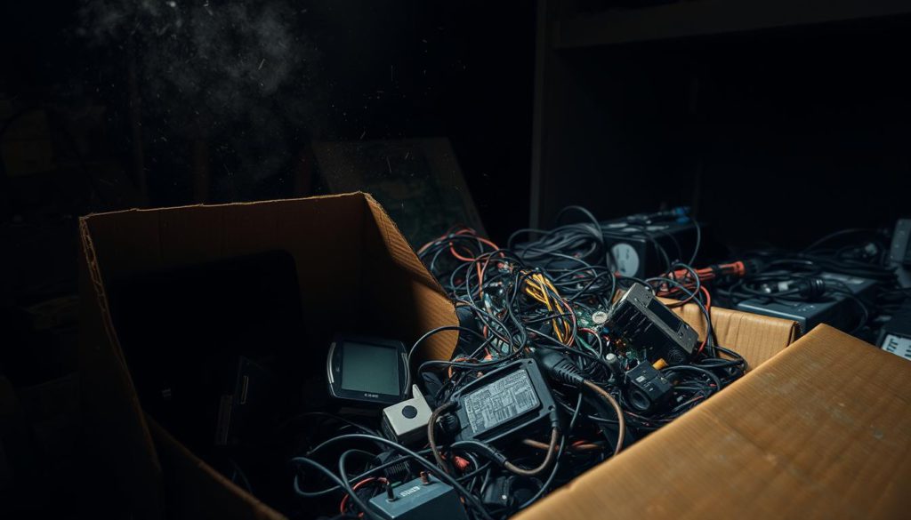 A dark, cluttered storage room filled with various electronics and cables strewn about haphazardly. In the foreground, a partially open cardboard box reveals several outdated devices, their screens cracked and components exposed. Dim, amber lighting casts long shadows, creating an ominous atmosphere. Dust motes swirl in the air, highlighting the neglect and potential risks of improper storage. The middle ground features a jumble of tangled wires, outdated power supplies, and obsolete circuit boards, a visual representation of the dangers of unorganized electronic storage. In the background, shadowy shelves loom, suggesting the potential for further hidden dangers lurking within the cluttered space.