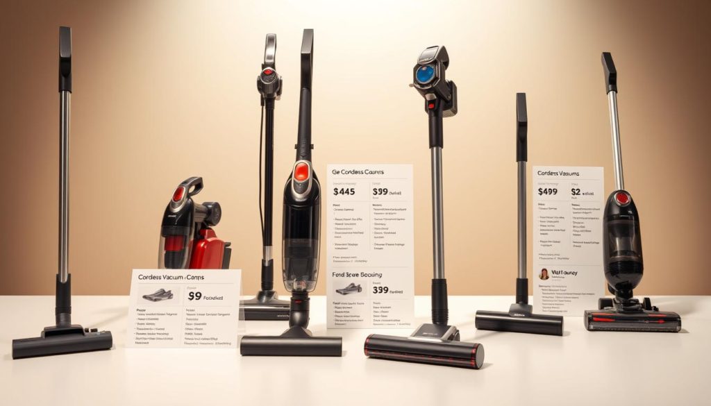 A detailed and visually engaging comparison of prices for various cordless and corded vacuum models. The foreground features a clean, minimalist table-top presentation with a selection of vacuum cleaners neatly arranged, showcasing their diverse designs and sizes. The middle ground blends in product information cards that provide at-a-glance details on specifications, pricing, and cost-effectiveness for each model. The background subtly incorporates a soft, ethereal gradient that creates a sense of depth and emphasizes the subject, while a gentle warm lighting accentuates the sleek, high-quality aesthetics of the vacuums. The overall mood is one of thoughtful consideration, inviting the viewer to carefully weigh the pros, cons, and long-term value of each vacuum option.