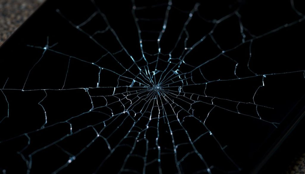 A detailed close-up view of a smartphone screen with multiple hairline cracks radiating across the glass surface. The cracks are sharp, jagged, and uneven, creating an intricate web-like pattern that distorts the display beneath. Subtle highlights glimmer along the edges of the fractures, conveying the fragility and vulnerability of the tempered glass. The lighting is stark and harsh, casting dramatic shadows that emphasize the depth and texture of the damaged screen. The background is slightly blurred, keeping the focus firmly on the cracked display as the central subject. An ominous mood permeates the scene, hinting at the frustration and inconvenience of dealing with a broken phone screen.
