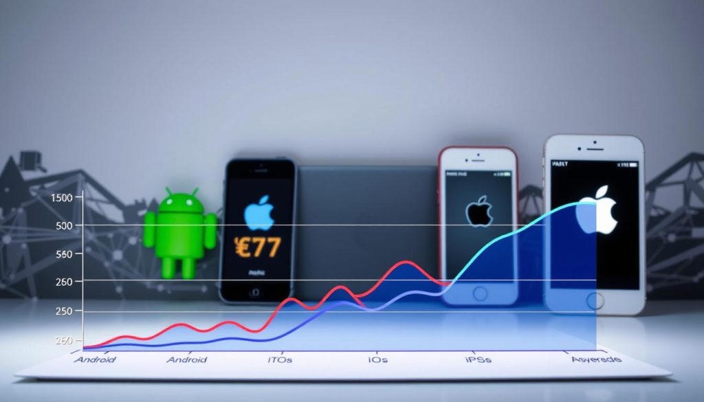 A detailed comparison of app store revenue trends for Android and iOS platforms, shown through a carefully composed data visualization. The foreground features a clean, minimalist graph with sharp lines and vivid contrasting colors to highlight the key metrics. The middle ground depicts sleek, modern mobile devices displaying the respective app store logos. The background subtly suggests a technological landscape, with subtle geometric patterns and muted tones that complement the overall design. The lighting is soft and diffused, creating a sense of depth and balance. The camera angle is slightly elevated, providing an optimal view of the data visualization while maintaining a sense of balance and proportion.