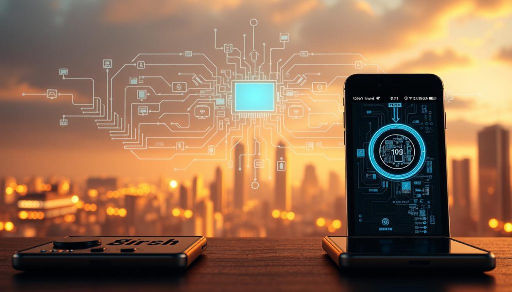 A detailed hardware and software integration comparison, showcasing the contrasting design philosophies of Android and iOS. In the foreground, meticulously rendered mobile devices from both ecosystems, their internal components subtly visible. In the middle ground, a dynamic visualization of data flows, algorithms, and communication protocols - the invisible ties that bind hardware and software. The background depicts a futuristic cityscape, hinting at the evolving technological landscape. Warm, diffused lighting casts a contemplative tone, inviting the viewer to ponder the nuances of these two distinct mobile platforms. Captured with a wide-angle lens to emphasize the scale and complexity of the scene.