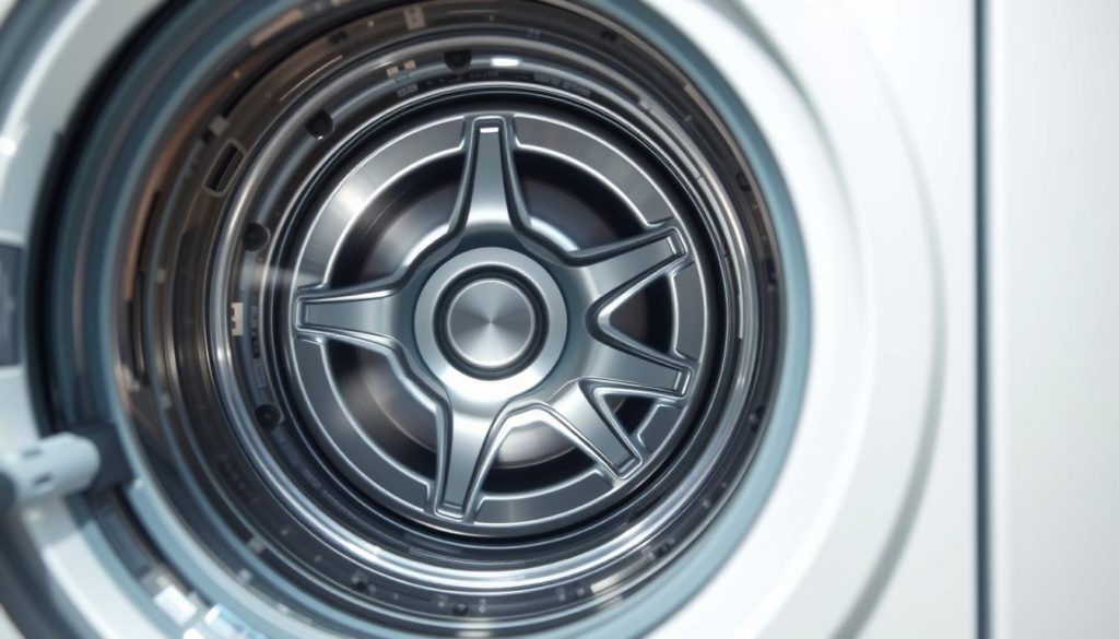 A detailed, high-quality image of the inner mechanism of a front-load washing machine drum, viewed from the side. The drum is shown in the middle ground, with a clear view of the paddles, suspension rods, and other components that facilitate the tumbling motion during the wash cycle. The background is clean and minimalist, allowing the mechanical details to be the focal point. Lighting is bright and evenly distributed, creating crisp shadows and highlighting the intricate engineering. The camera angle is slightly elevated, giving a comprehensive perspective of the drum's structure and operation. The overall mood is one of technical precision and functional elegance.