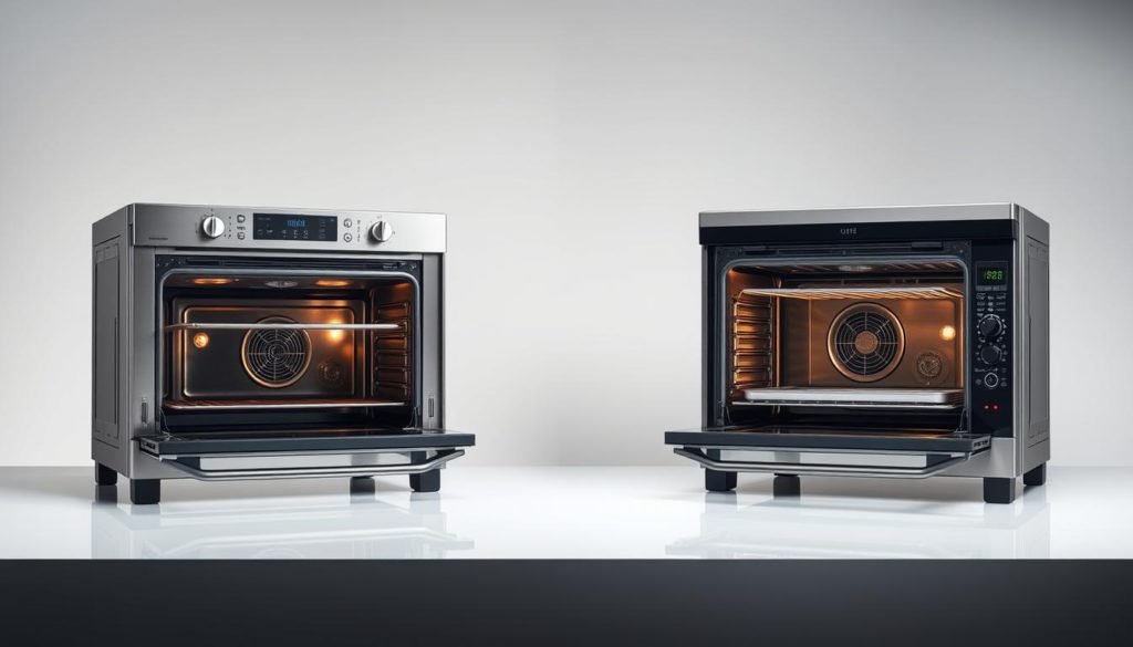 A detailed, side-by-side comparison of a convection and a conventional oven, captured in a meticulously lit studio setting. In the foreground, the two ovens are presented on a sleek, reflective surface, their features and controls clearly visible. The middle ground showcases their internal structures, with cutaway views revealing the heating elements and airflow patterns. In the background, a minimalist backdrop emphasizes the technical details and design elements. The lighting is crisp and directional, casting subtle shadows that accentuate the curves and textures of the appliances. The overall mood is one of precision and technical expertise, inviting the viewer to closely examine the differences between these two oven types.
