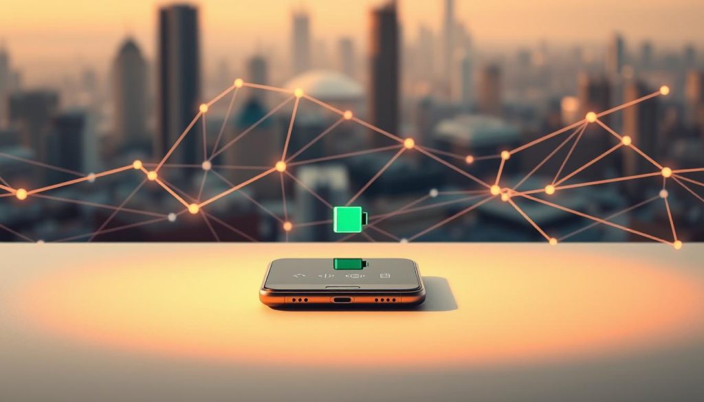 A detailed, technical illustration of connectivity and battery efficiency. In the foreground, a smartphone with its screen displaying a battery icon and indicators of signal strength and Wi-Fi connectivity. The phone is situated on a minimalist, matte surface, bathed in warm, focused lighting that casts soft shadows. In the middle ground, flowing lines and geometric shapes represent the intricate network of data and power transmission. The background features a hazy, out-of-focus cityscape, symbolizing the ubiquity of mobile connectivity. The overall mood is one of sleek, modern design and efficiency, conveying the importance of optimizing connectivity for improved battery life.