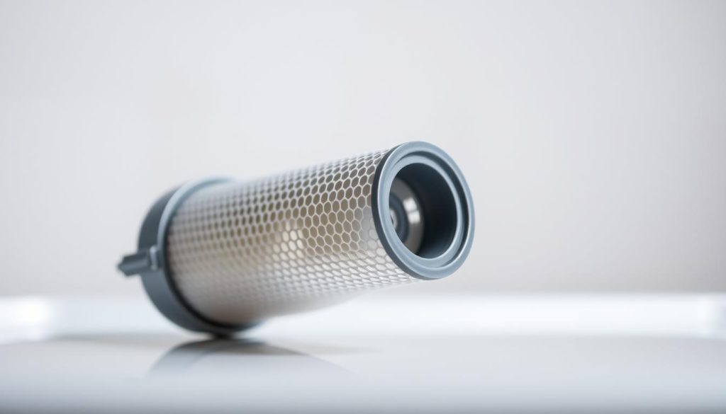 A detailed, technically-accurate image of a dishwasher filter in a well-lit, slightly angled view, showcasing its intricate structure and function. The filter is the focal point, positioned in the middle ground against a blurred, neutral-toned background, allowing the viewer to clearly understand its key components and how it works to trap food debris and particles. The lighting is soft and diffused, creating gentle shadows that emphasize the filter's contours and perforations. The angle slightly tilts the filter, providing a professional, instructional perspective that highlights its purpose within the dishwasher's cleaning system.