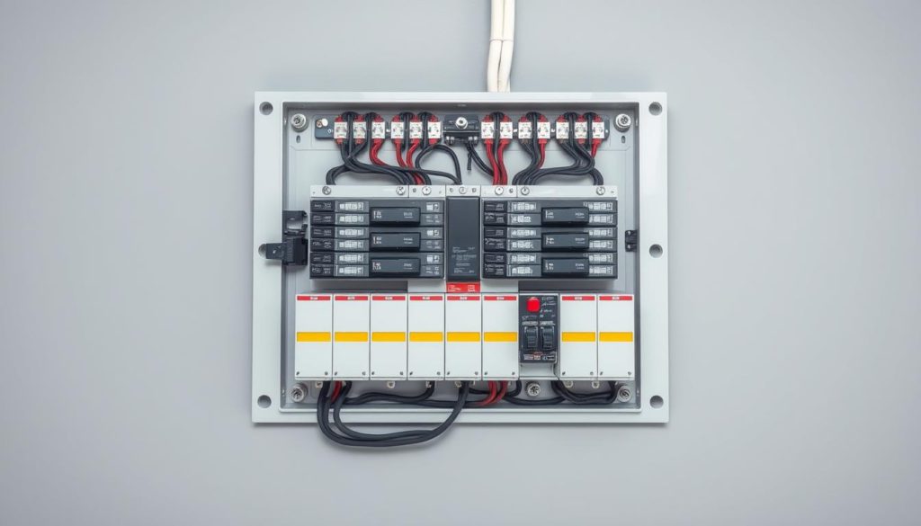 A detailed, well-lit close-up view of a modern residential electrical panel, showcasing its key components in a clean, organized layout. The panel is positioned in the center of the frame, with a neutral gray background that allows the electrical components to stand out. The main circuit breakers, individual branch circuit breakers, and any auxiliary features such as surge protectors or ground fault interrupters are clearly visible, capturing the intricate details and functionality of the electrical system. The lighting is bright yet natural, creating a sense of clarity and emphasizing the technical nature of the subject matter. The angle is slightly elevated to provide a comprehensive overview of the panel's layout and construction, allowing the viewer to easily understand the purpose and inner workings of this essential home electrical infrastructure.