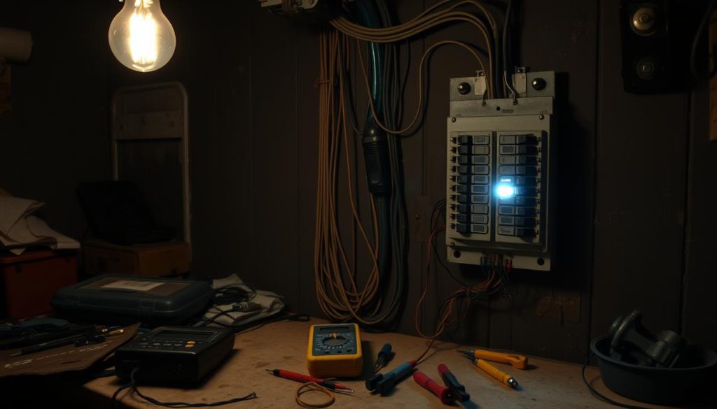 A dimly lit workshop with a cluttered workbench, a toolbox, and a circuit breaker panel mounted on the wall. The circuit breaker is in the "tripped" position, its indicator light blinking. Scattered on the bench are a multimeter, wire strippers, and other electrical repair tools. Overhead, a single incandescent bulb casts a warm, yellow glow, creating shadows and highlighting the intricate wiring and components of the breaker panel. The scene conveys a sense of troubleshooting and problem-solving, with the circuit breaker's tripped state suggesting an electrical issue that needs to be investigated and resolved.