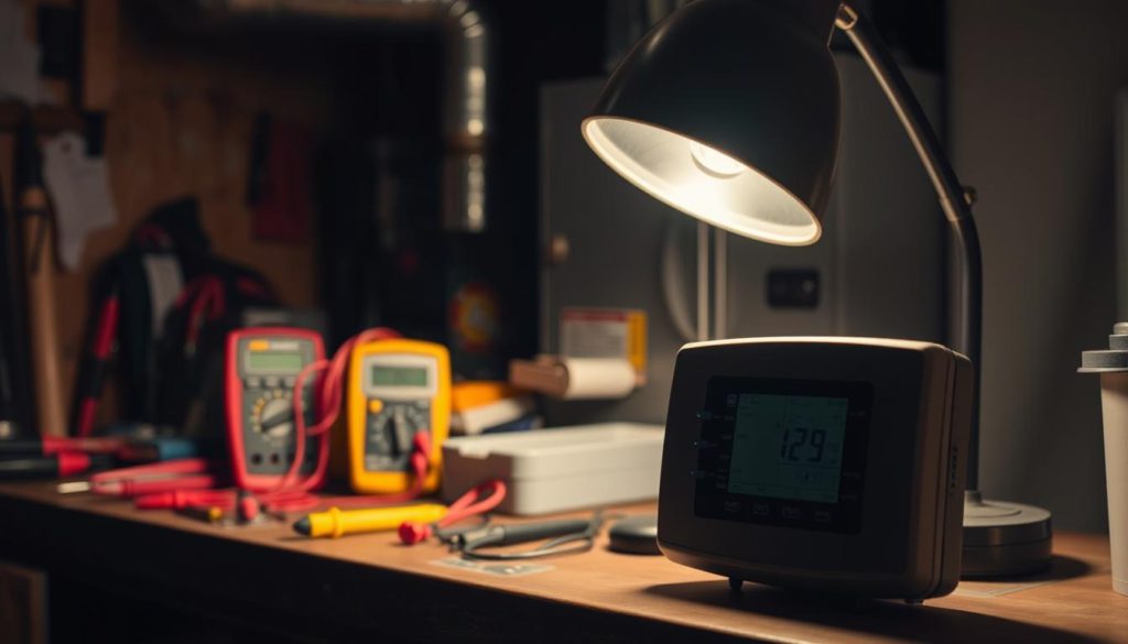 A dimly lit workshop with various tools and equipment neatly arranged on a workbench. In the foreground, a thermostat unit sits prominently, its display and controls illuminated by a focused desk lamp. In the middle ground, a circuit tester and multimeter stand ready, hinting at the technical nature of the troubleshooting process. The background is softly blurred, with the faint outline of a furnace or HVAC system visible, suggesting the larger context of the repair. The overall atmosphere is one of calm focus and attention to detail, inviting the viewer to engage in the methodical steps of thermostat troubleshooting.