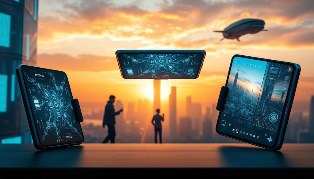 A futuristic scene of AI-powered, VR-enabled foldable smartphones in 2025. In the foreground, three sleek, bezel-less devices unfurl like origami, their flexible screens shimmering with holographic displays. Nano-sensors and neural processors weave through the devices, enabling seamless AR/VR integration. In the middle ground, users interact with the phones using natural gestures and voice commands, their movements reflected in the devices' liquid-metal chassis. The background depicts a vibrant cityscape, with skyscrapers and hovercraft silhouetted against a warm, sunset-bathed sky, suggesting the technological advancements that will shape the world in the years to come. Lighting is soft and diffused, creating an aura of innovation and progress.