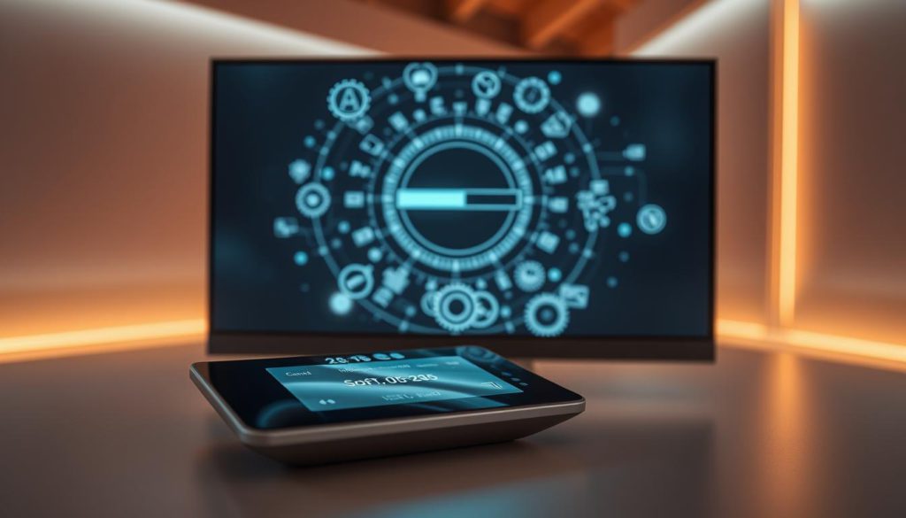 A gleaming computer screen displaying a progress bar, encircled by a constellation of digital symbols and icons. Warm, ambient lighting casts a soft glow, creating a sense of focused productivity. In the foreground, a sleek, futuristic-looking device with a touchscreen interface indicates the software update in progress. The middle ground features an array of interlocking cogs and gears, symbolizing the intricate inner workings of the system. The background depicts a minimalist, high-tech environment, with clean lines and subtle gradients, conveying a sense of technological sophistication. This image perfectly captures the essence of the "Fixing Software and App-Related Issues" section, showcasing the meticulous process of updating and troubleshooting digital systems.