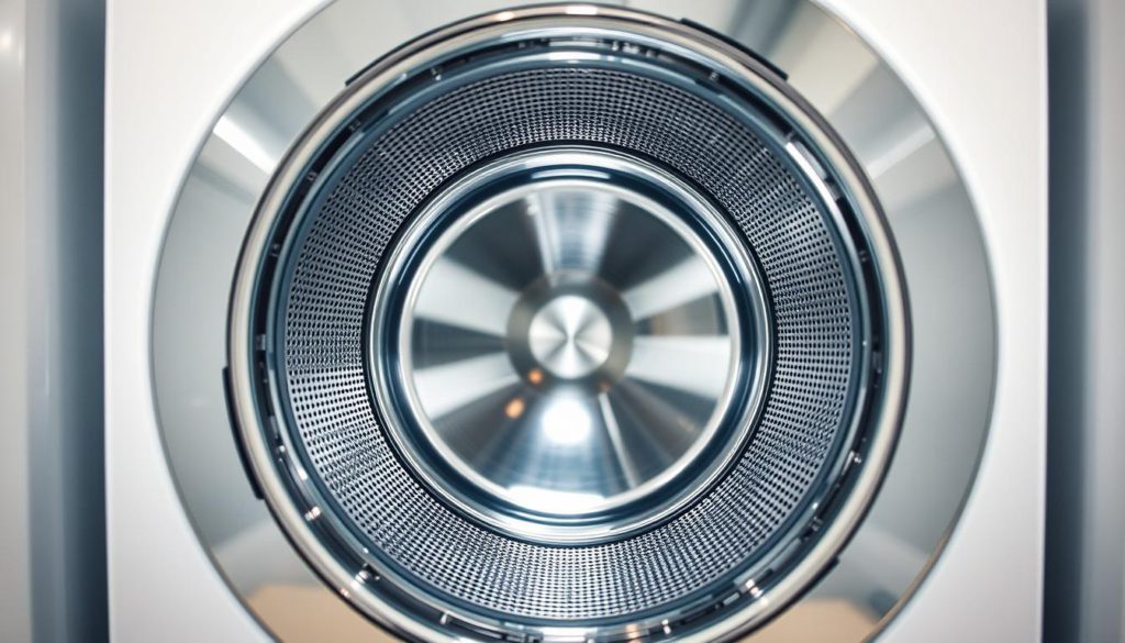 A gleaming stainless steel washing machine drum sits center-frame, its intricate grooves and perforations catching the soft, even light from above. The drum's polished surface reflects the surrounding space, revealing a sterile, modern laundry room with pristine white walls and a minimalist design. The drum's size and prominence in the frame command attention, emphasizing its importance in the cleaning process. The overall atmosphere is one of cleanliness, efficiency, and attention to detail - a visual representation of the article's focus on properly maintaining one's washing machine.