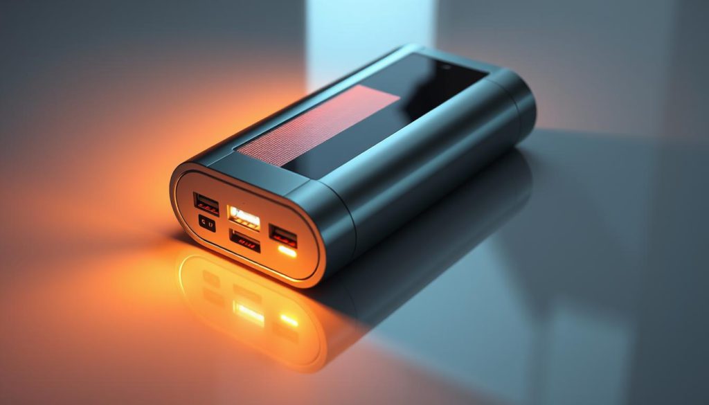 A high-capacity power bank with a sleek, futuristic design. The device is backlit, revealing its internal battery cells and charging circuitry. The power bank is placed on a reflective surface, casting a subtle shadow that adds depth and dimension. Soft, directional lighting illuminates the product, highlighting its metallic accents and glossy finish. The overall mood is tech-savvy and premium, reflecting the battery capacity and efficiency of the power bank. The image provides a clear, detailed view of the power bank, allowing viewers to appreciate its key features and capabilities.