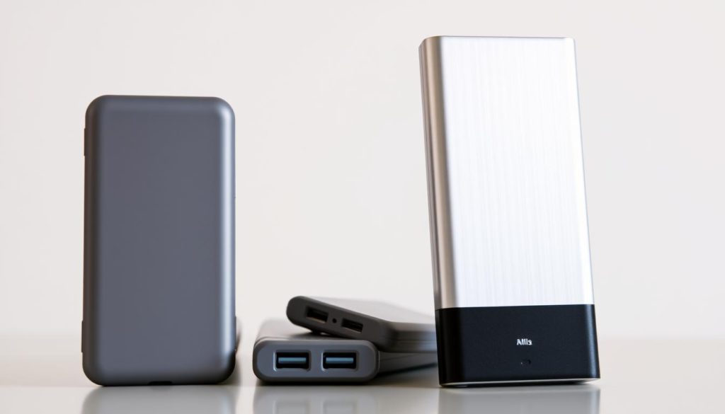A high-quality power bank with a sleek aluminum alloy casing stands proudly on the right, its premium features and fast charging capabilities on display. In contrast, a budget-friendly power bank with a simple plastic shell rests on the left, its more modest design and capabilities evident. The two power banks are arranged side by side, allowing for a clear comparison of their physical attributes and suggesting the tradeoffs between cost and performance. The scene is captured in soft, natural lighting, emphasizing the tactile and visual differences between the two devices. The overall mood is one of thoughtful consideration, inviting the viewer to carefully weigh their power bank options.