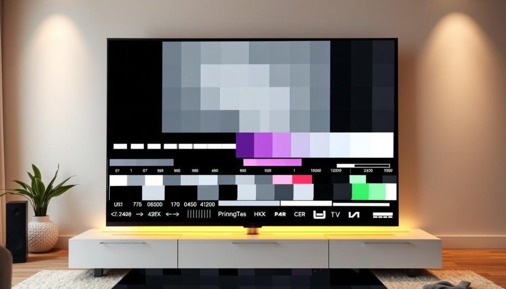 A high-resolution, ultra-detailed image of a variety of analog TV calibration test patterns displayed on a large, ultramodern OLED television screen. The patterns include a grid of grayscale squares, color bars, crosshatch lines, and other technical elements designed to assist with precise picture adjustments. The screen is positioned in a stylish, minimalist living room setting, with soft, warm lighting illuminating the display from behind. The overall scene conveys a sense of advanced home theater equipment and a dedication to achieving the best possible video quality.