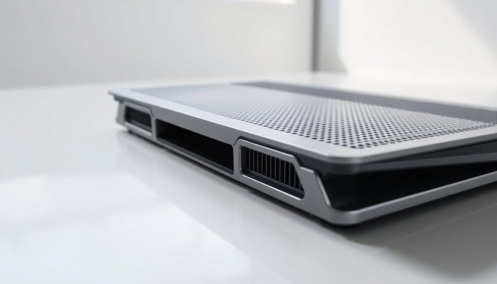 A highly detailed, well-lit closeup of a sleek, metallic laptop cooling pad, showcasing its key features. The foreground prominently displays the raised, perforated cooling surface, with visible fans and vents actively drawing in air. The middle ground reveals the adjustable height settings and ergonomic design, allowing for optimal laptop positioning. The background softly fades to a clean, minimalist environment, emphasizing the cooling pad's modern and functional aesthetic. Crisp, high-resolution textures, precise lighting, and a hint of ambient shadows create a professional, technical atmosphere, highlighting the engineering and engineering prowess behind this laptop accessory.
