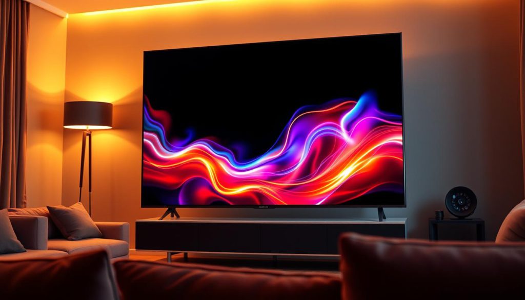 A meticulously crafted high-quality image showcasing the vibrant and dynamic contrast of Dolby Vision. In the foreground, a modern 4K television display emits a pulsating glow, its deep blacks and radiant highlights accentuated by the advanced HDR technology. Surrounding the display, a sleek and minimalist entertainment system with a polished metallic finish, creating a sense of sophistication and high-end design. In the middle ground, a plush, comfortable living room setting serves as the backdrop, with rich, saturated colors in the upholstery and decor, complementing the vivid imagery on the screen. The lighting is a carefully crafted balance of warm, ambient illumination and strategic highlights, creating depth and drama, while maintaining a refined, cinematic atmosphere. The camera angle is positioned to showcase the television's superior contrast and color reproduction, drawing the viewer's eye to the captivating visual experience.
