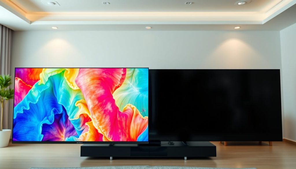 A meticulously detailed comparison of various TV picture modes, showcasing the nuances of color accuracy and image quality. In the foreground, a side-by-side display of a vibrant, life-like image and a muted, washed-out version, highlighting the dramatic difference. In the middle ground, a sleek, modern TV set with adjustable picture settings. The background features a softly lit, minimalist room, emphasizing the importance of the proper environment for accurate color calibration. Crisp, high-resolution imagery captured with a professional-grade camera lens, illuminated by natural light for optimal color rendition.