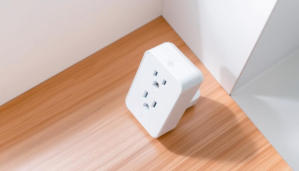 A modern, high-angle view of a sleek, white smart plug with glowing blue indicator lights, showcased in a clean, minimalist setting. The plug is positioned on a warm-toned, wooden surface, with a crisp, white background that highlights the device's simple yet sophisticated design. Soft, directional lighting casts subtle shadows, emphasizing the plug's contours and providing a sense of depth. The overall scene exudes a sense of efficiency, technology, and ease of use, perfectly capturing the step-by-step setup process for a smart plug.
