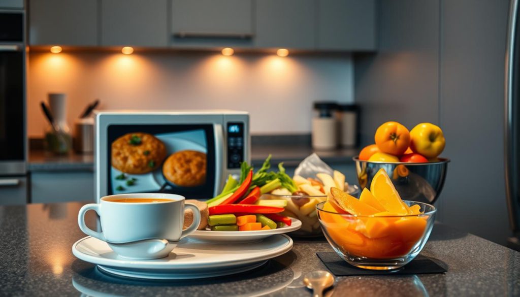 A modern, sleek kitchen interior with warm, soft lighting. On the countertop, an array of common household microwaveable items are arranged in an aesthetically pleasing manner - a frozen meal, a mug of hot soup, a plate of steaming vegetables, and a bowl of fresh fruit. The focus is on the simple, yet elevated preparation of these microwave-ready dishes, showcasing how with a few clever hacks, even the most basic frozen or canned foods can be transformed into delicious, satisfying meals. The overall mood is one of efficiency, practicality, and culinary creativity.