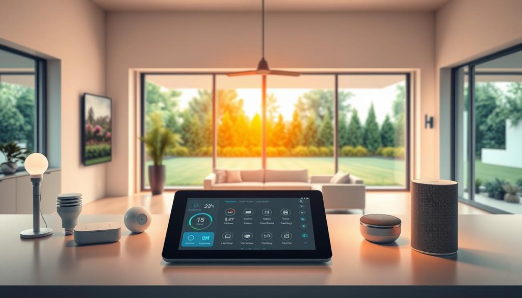 A modern, sleek smart home setup with a central smart hub and various connected devices seamlessly integrated. In the foreground, a sleek touchscreen control panel with intuitive UI for managing lighting, security, temperature, and more. Surrounding it, an array of internet-connected devices like smart bulbs, security cameras, a thermostat, and a smart speaker. The middle ground features a smooth, minimalist living room with large windows allowing natural light to flood the space. The background showcases a serene outdoor scene with a well-manicured lawn and lush greenery. Warm, inviting lighting and a calming, futuristic atmosphere permeate the entire composition.