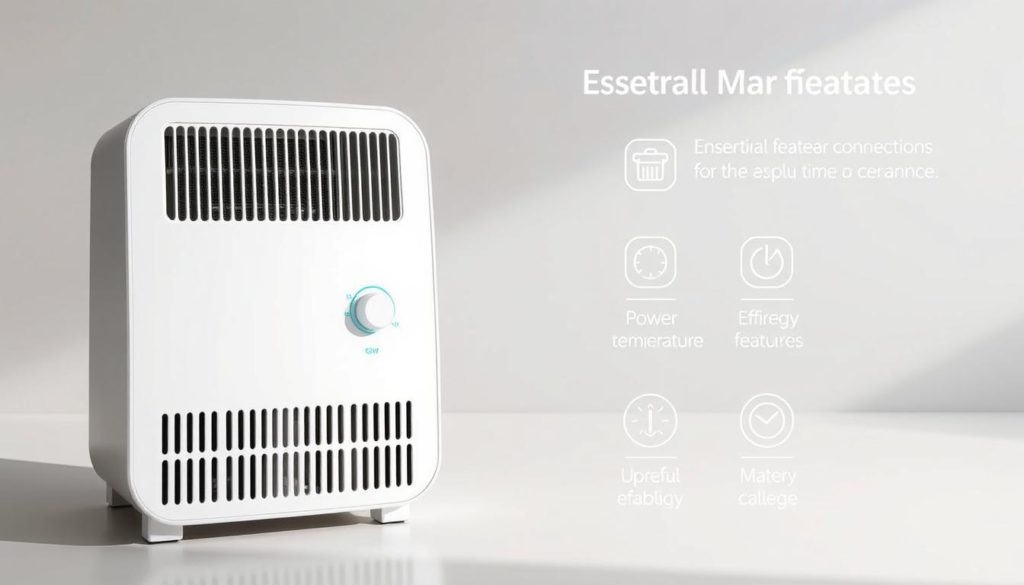 A modern, well-designed checklist of essential heater features shown in a clean, minimalist style. The foreground features a sleek, contemporary heater with clear indicators for power, temperature, timer, and efficiency settings. The middle ground showcases complementary icons and labels for key heater functions. The background is a plain, light-colored surface that allows the heater and its features to stand out prominently. Bright, even lighting illuminates the scene, emphasizing the thoughtful industrial design and user-friendly controls. The overall mood is one of clarity, practicality, and energy-conscious innovation.
