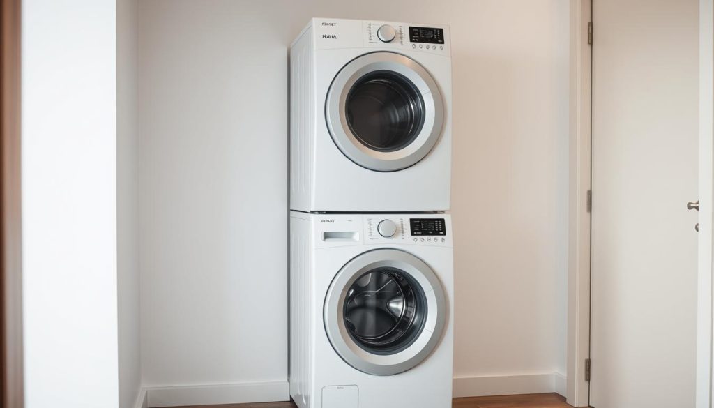 A modern, well-designed stackable washer and dryer unit, captured in a clean, minimalist interior setting. The sleek, front-loading appliances are stacked neatly, with a seamless, space-saving configuration. Soft, diffused lighting accentuates the smooth, matte surfaces and sharp edges of the machines, creating a sense of efficiency and sophistication. The neutral color palette and uncluttered background allow the appliances to take center stage, showcasing their compact, integrated design tailored for small living spaces. The overall composition highlights the practical, space-saving benefits of this stackable washer dryer system.