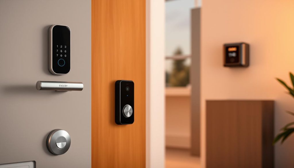 A modern, well-lit indoor scene showcasing a variety of beginner-friendly smart door devices. In the foreground, a sleek smart lock with biometric access and keyless entry stands out against a neutral-toned wall. Nearby, a compact smart doorbell with a high-resolution camera and motion sensors sits flush in the door frame. In the middle ground, a smart home hub connects these devices, its LED indicators glowing softly. The background features a minimalist smart intercom system with voice commands and secure communication. Warm, diffused lighting creates a welcoming atmosphere, highlighting the streamlined, user-friendly designs of these cutting-edge smart home technologies.