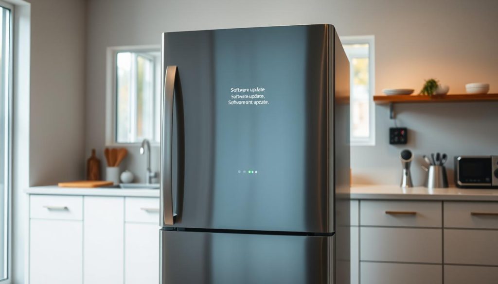 A modern, well-lit kitchen interior, with a sleek, minimalist design. In the foreground, a stainless steel smart appliance, its display screen glowing with a software update in progress. The appliance is positioned prominently, showcasing its advanced capabilities. The middle ground features a clean, organized counter space, with various kitchen tools and devices, all connected and synced through a central smart home system. The background shows large windows, allowing natural light to flood the space, creating a bright and airy atmosphere. The overall scene conveys the seamless integration of technology and the benefits of keeping appliance software up-to-date, improving efficiency, performance, and user experience.