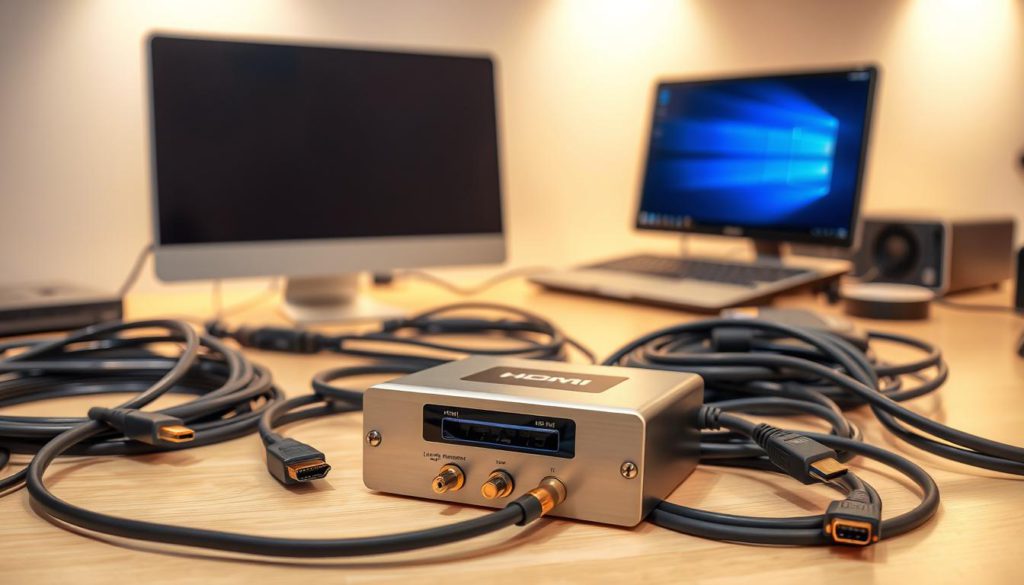 A modern, well-lit workbench showcases an HDMI signal booster setup. In the foreground, the HDMI booster device sits prominently, its sleek metal casing and digital display indicating its technical capabilities. Surrounding it are various HDMI cables, neatly organized and coiled, ready to connect the booster to other devices. In the middle ground, a laptop or computer monitor rests, representing the source of the HDMI signal. The background features a clean, uncluttered workspace, with a subtle gradient of warm lighting that sets a professional, problem-solving atmosphere. The overall composition conveys a sense of technological expertise and a focus on enhancing HDMI connectivity for optimal performance.